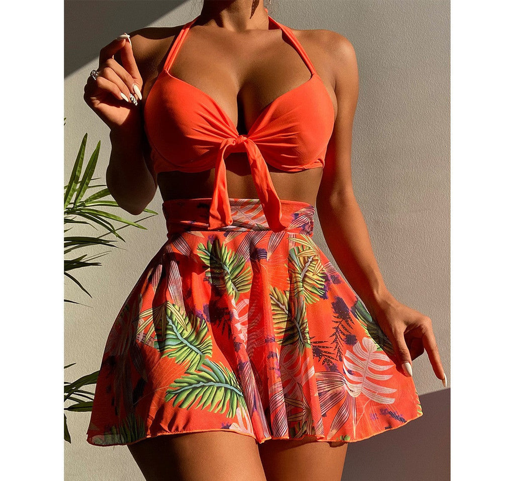 Croatia HZ NA-19 bikini set in Red, tropical leaf print skirt