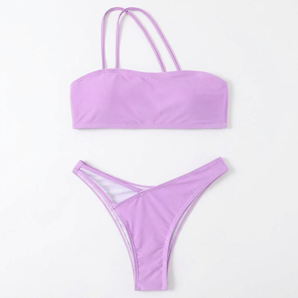 Capri HZ SW-18 refined triangle bikini set, lilac two-piece, white studio background
