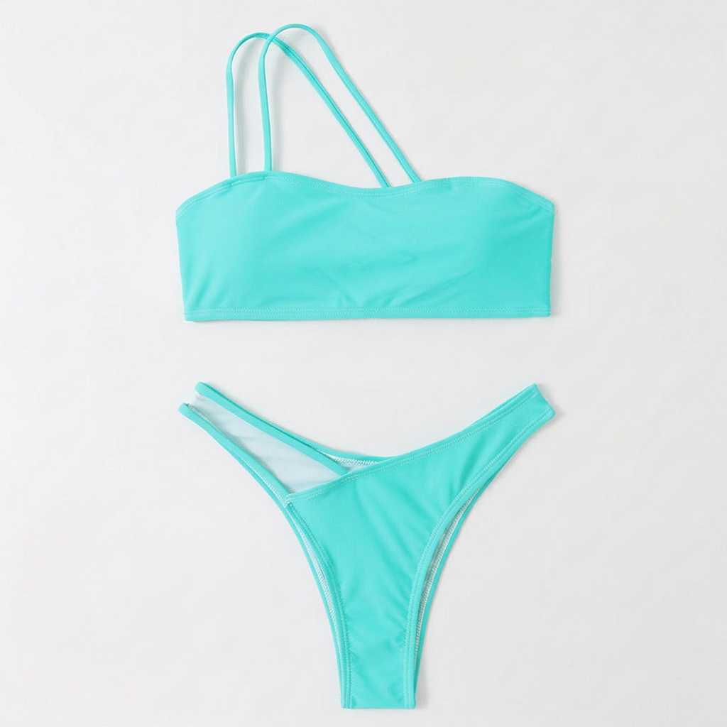 Capri HZ SW-18 refined triangle bikini set, teal two-piece, white studio background