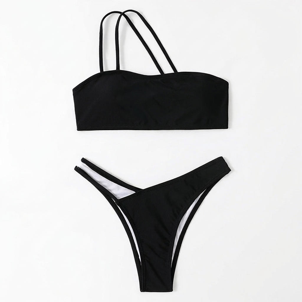 Capri HZ SW-18 refined triangle bikini set, black two-piece, white studio background