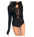 Black long-sleeve lace-up one-piece swimsuit on a plain neutral ground